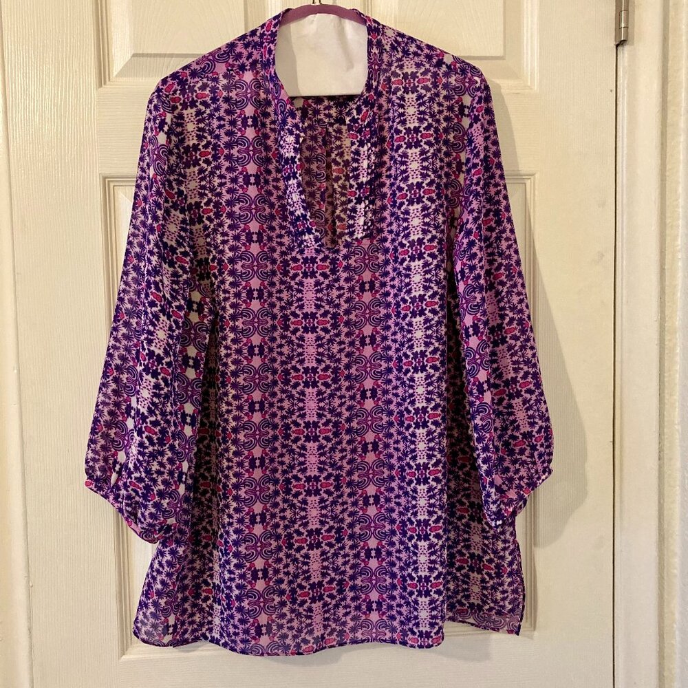 Excellent Condition, SZ 1X, Coldwater Creek, Purple Block Print Top